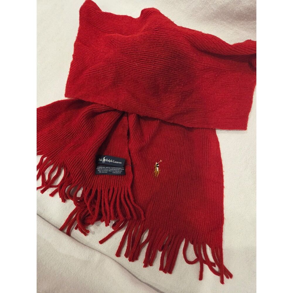 Polo Ralph Lauren Red Fringed Wool Scarf Signature Embroidered Pony Unisex